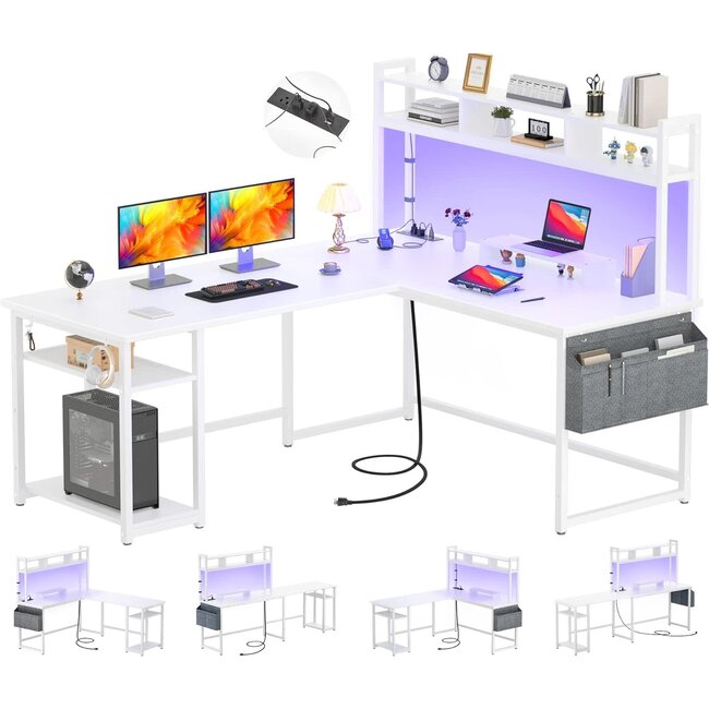 Aheaplus L Shaped Desk with Power Outlet & LED Strip, Reversible L-Shaped Corner Computer Desks Gaming Desk with Storage Shelf & Monitor Stand, Modern 2 Person Home Office Desk, Writing Desk, White