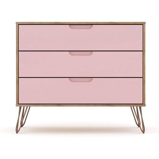Manhattan Comfort Rockefeller 3-Drawer Wood Dresser in Rose Pink