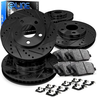 R1 Concepts Front Rear Black Drilled and Slotted Brake Rotors with Ceramic Pads and Hardware Kit Compatible For 2011-2020 Dodge, Jeep Grand Cherokee, Durango