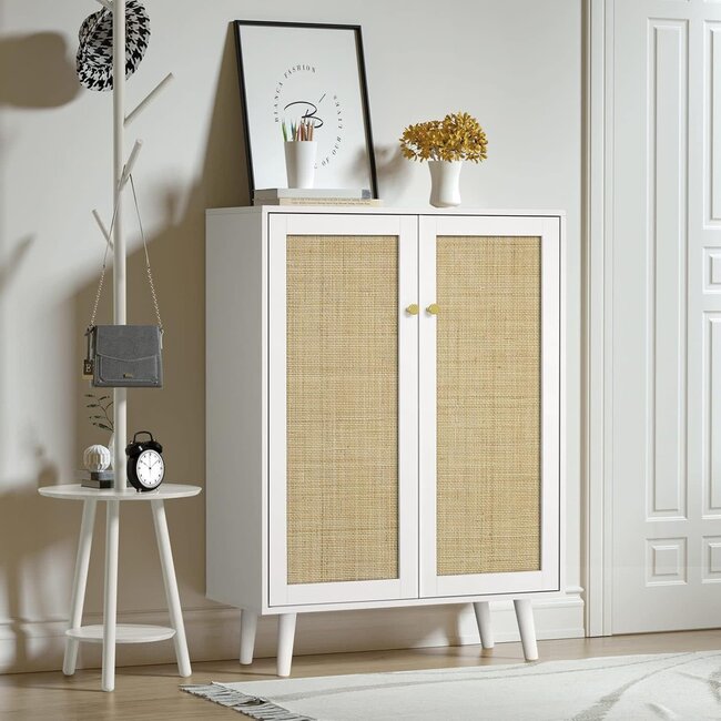 Anmytek Rattan Cabinet, 44" H Tall Sideboard Storage Cabinet with Crafted Rattan Front, Entryway Shoe Cabinet Wood 2 Door Accent Cabinet with Adjustable Shelves White, H0086