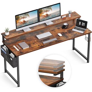 ODK Computer Desk with Adjustable Monitor Shelves, 63 inch Home Office Desk with Monitor Stand, Writing Desk, Study Workstation with 3 Heights (10cm, 13cm, 16cm), Rustic Brown