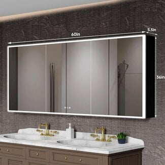 tunuo Medicine Cabinets for Bathroom with Mirror, 60â€W x 36â€H Wall Mounted LED Medicine Cabinet Organizer with Defogger, Dimmer, Outlets & USB, Three Doors