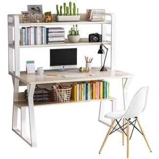 Leconteur Computer Desk with Hutch, 47â€ Writing Study Table + Book and Storage Shelves, Space Saving Home Office Workstation, Rustic White