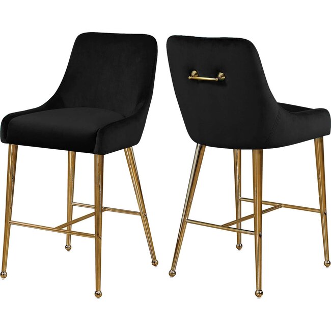 Meridian Furniture Owen Collection Modern | Contemporary Velvet Upholstered Counter Stool with Polished Gold Metal Legs, Set of 2, 23" W x 21" D x 40" H, Black