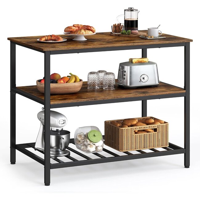 VASAGLE Kitchen Island with 3 Shelves, 39.4 Inches Kitchen Shelf with Large Worktop, Stable Steel Structure, Industrial, Easy to Assemble, Rustic Brown and Black UKKI005B01