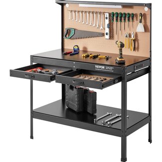VEVOR Workbench A3 Steel Work Bench for Garage max. 1500W Heavy Duty Workbench 220lbs Weight Capacity 0.47" Bench top Thickness Hardwood Workbench 1.5m Cable 4xAC outlets 2xUSB Ports 30xHooks