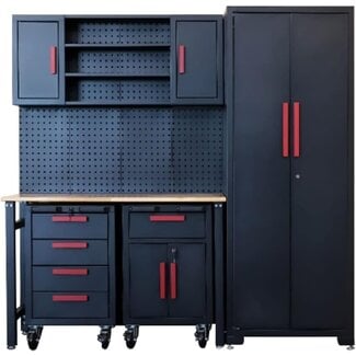 4utoHydra 6-Pcs Workshop Cabinet Set in Black with Workbench - Perfect for Organizing Garage and Tools - Included Steel Cabinets Drawers Shelving Rolling Chest 81.5"L 18.5"D 76"H Assembled Cabinet Kit