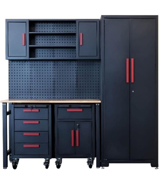 4utoHydra 6-Pcs Workshop Cabinet Set in Black with Workbench - Perfect for Organizing Garage and Tools - Included Steel Cabinets Drawers Shelving Rolling Chest 81.5"L 18.5"D 76"H Assembled Cabinet Kit