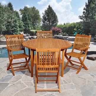 Amazonia Ohio 5-Piece Patio Round Dining Table Set Certified Teak Ideal for Outdoors and Indoors, Brown