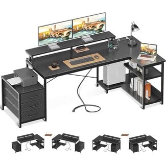 AODK L Shaped Computer Desk with Power Outlets & 3 Cloth Drawers, Reversible Office Desk with Shelves & Monitor Stand, Corner Desk with USB Ports, Study Desk Writing Table for Bedroom, Black, 79 Inch