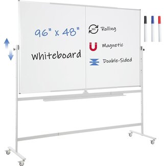 FORTUNO Large Magnetic Mobile Whiteboard 96"x48", Rolling Double Sided Stand Whiteboard on Wheels, Reversible Adjustable Height/Angle Dry Erase Board 8' x 4' Easel White Board for Office Classroom