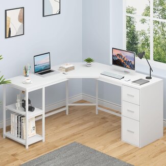 LVB White L Shaped Corner Desk with Drawers, Reversible Modern L-Shaped Computer Desk with Storage Cabinet Shelves, Large Wood L Shape Home Office Desk Table for Work Study Writing Gaming, 60 Inch