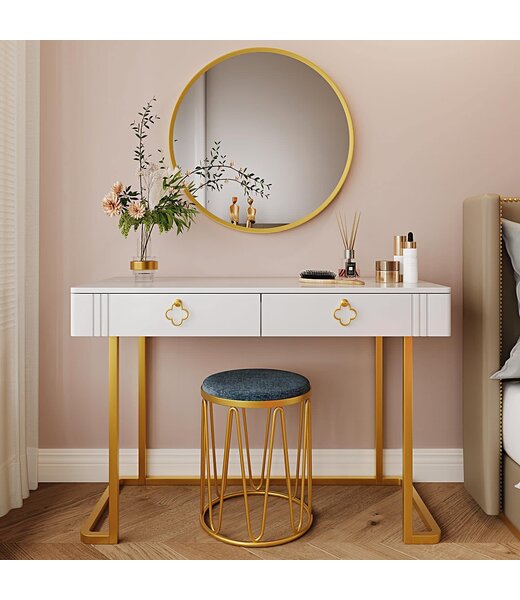 Tamworth Design Modern White Vanity Desk with Drawers,Compact Vanity Table with Gold Metal Legs,43 inch Makeup Vanity Small Desk with Drawers Stylish & Functional Computer Desk