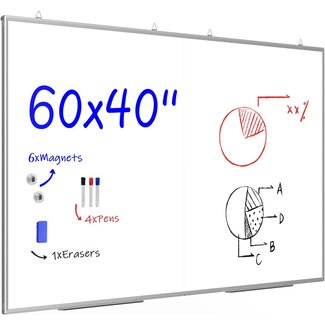 60"X 40" Large Magnetic Dry Erase Whiteboard, Wall Hanging Board with 8 Pens & 4 Dry Erasers & 30 Magnets, Sliver Aluminum Frame White