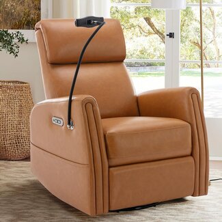 COLAMY 270Â° Power Swivel Glider Recliner Chair with Removable Mobile & iPad Holders, PU Leather Reclining Rocker with Built-in USB & Type-C Charging Ports for Nursery, Living Room & Office, Brown