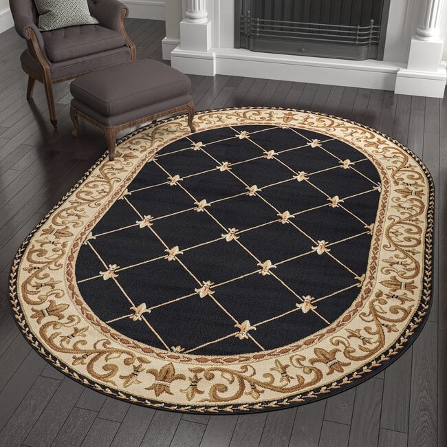 Orleans Traditional Border Black Oval Area Rug, 5' x 7' Oval
