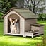 AWQM Wooden Dog House Outdoor Indoor for Small Medium Dogs,Outdoor Pet Kennel with 2 Bowls/Open Roof/Elevated Floor,Weatherproof Puppy House,Cream
