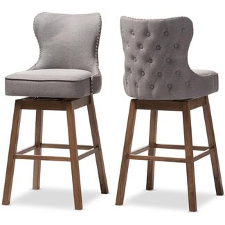 Baxton Studio Gradisca Modern and Contemporary Brown Wood Finishing , Grey Fabric Button-Tufted Upholstered Swivel Barstool 2 pk