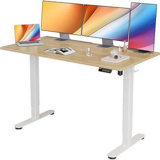 Claiks Solid Wood Electric Standing Desk, Adjustable Height Stand up Desk, 55x24 Inches Sit Stand Home Office Desk with Splice Board, White Frame/Nature Top