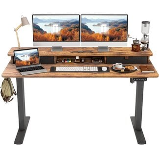 FEZIBO Height Adjustable Electric Standing Desk with Double Drawer, 55 x 24 Inch Stand Up Table with Storage Shelf, Sit Stand Desk with Splice Board, Black Frame/Rustic Brown Top