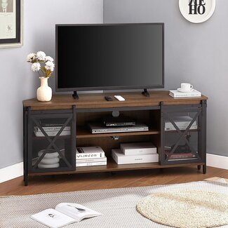 HOMISSUE Corner TV Stand, Corner TV Stand for 55 60 Inch TV, Industrial & Farmhouse Corner Entertainment Center w/Sliding Barn Door, Corner TV Cabinet for Living Room, Brown