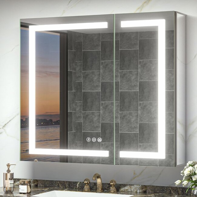 TokeShimi 36x32 Mirror Medicine Cabinet with Light and Electrical Outlet, Frontlit Anti-Fog 3 Colors Temperature Dimmable Surface or Recessed Mount for Bathroom Vanity and Modern Decor