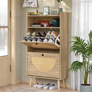 furomate Shoe Rack Storage Organizer with 2 Natural Semi-Circular Rattan Doors and Storage Space, Entryway Shoe Cabinet for Sneakers, Leather Shoes, High Heels, Slippers Entryway Furniture