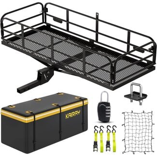 KAIRAY 500 Lbs Heavy Duty Hitch Mount Cargo Carrier 60"x24"x14.4" Folding Rear Luggage Rack Basket Fits 2" Receiver for Car SUV Camping Traveling with Stablizer Waterproof Bag Net Ratchet Straps Lock