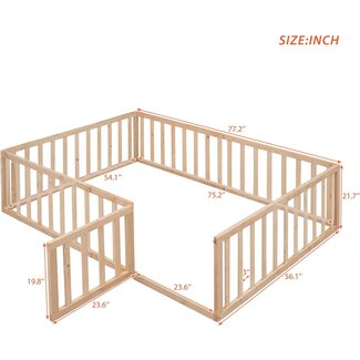 Lostcat Full Size Wood Floor Bed Frame with Fence, Montessori Floor Bed w/Door, Kids Noise Free Beds, No Box Spring Needed, Easy Assembly, for Children, Toddlers, Natural