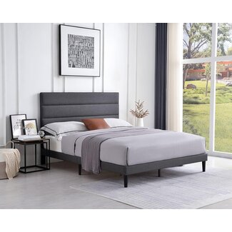 QZhommer Upholstered Platform Bed Queen Size Metal Bed Frame with Headboard and Strong Wooden Slats,Non-Slip and Noise-Free,No Box Spring Needed, Mattress Foundation,Easy Assembly,Dark Grey