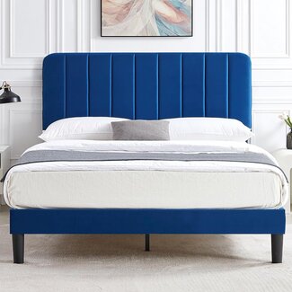 VECELO Full Size Upholstered Bed Frame with Adjustable Headboard, Velvet Platform Bedframe Mattress Foundation, Strong Wood Slat Support, No Box Spring Needed, Dark Blue