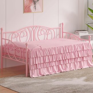 VECELO Metal Daybed Frame Multifunctional Platform Bed Sofa Mattress Foundation with Deluxe Headboard, Twin, Pink
