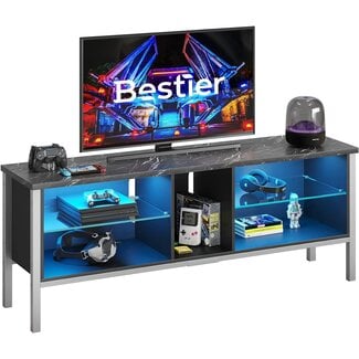 Bestier TV Stand for 70 inch TV, Modern Marble Gaming Entertainment Center with LED Lights, Wood TV Stand with Glass Shelves for Living Room Bedroom, Black Marble