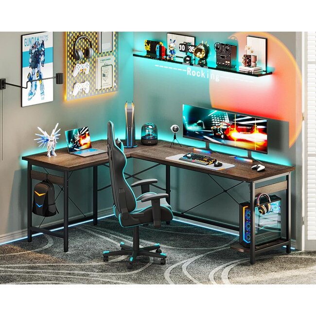 Coleshome 66" L Shaped Gaming Desk, Corner Computer Desk, Sturdy Home Office Computer Table, Writing Desk, Larger Gaming Desk Workstation, Grey Oak