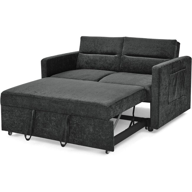 DHHU 55.2" Loveseat Sleeper 3 in 1 Convertible Sofa Bed, 48IN, Black-48IN-Pull Out-Chenille