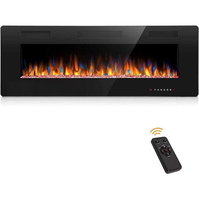 Joy Pebble 50 inch Electric Fireplace Inserts, in-Wall Recessed and Wall Mounted 750/1500W Fireplace Heater, Touch Screen, Remote Control with Timer, Adjustable Flame Color and Speed