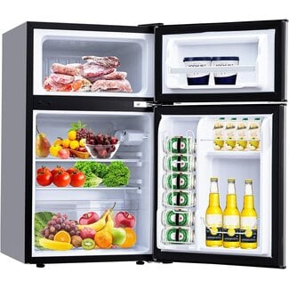 Litake 3.2 Cu. Ft Mini Fridge with Freezer, Small Refrigerators Double Door Stainless Steel, 5 Adjustable Thermostat Settings, Compact Internal Freezer with Crisper Drawer for Apartment Dorm, Silver