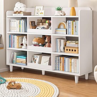 NELYE Wooden Cube Bookcase with Legs - 3-Tier Open Shelf Kidsroom Sorted Storage Cabinet Organizer for Books and Toys, 9-Cube Lattice Cute Cubby Bookshelf in White Mixed Westlake Blue, 55" W