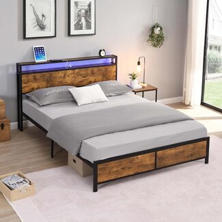 Prohon Full Size Bed Frame with LED Lights and Charging Station, Industrial Style Platform Bed w/Storage Self for Kids/Adults, Metal Slats Mattress Foundation No Box Spring Needed, Antique Brown