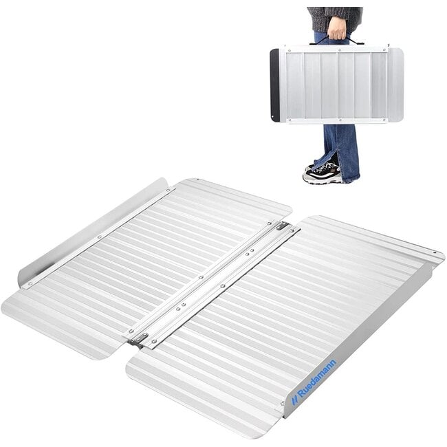 Ruedamann 5'L×28.7" W Aluminum Folding Threshold Ramp,Holds up to 600 lbs,Wheelchair Ramps,for Wheelchairs,Steps,Stairs,Curbs,Doorways,Non-Skid Surface Portable Wheelchair Ramp