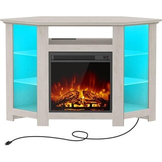 Seventable Fireplace Corner TV Stand for 43" 50" 55", 47 Inch TV Stand with Power Outlets and LED Lights, Modern TV Console, Entertainment Center for Living Room,White