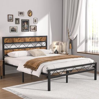 VECELO Full Metal Platform Bed Frame with Rustic Vintage Wooden Headboard, Heavy Duty Metal Slats Support, Platform Mattress Base No Box Spring Needed, No Noise, Easy Assembly