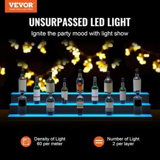 VEVOR LED Lighted Liquor Bottle Display, 3 Tiers 60 Inches, Supports USB, Illuminated Home Bar Shelf with RF Remote & App Control 7 Static Colors 1-4 H Timing, Acrylic Lighting Shelf for 54 Bottles
