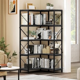 YITAHOME Corner Bookshelf, Industrial Corner Shelf 5 Tier Bookcase, Large Display Rack Storage for Bedroom, Living Room, Home Office,Charcoal Gray + Black