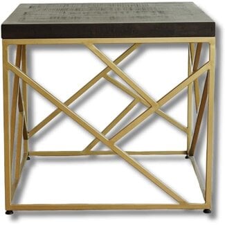 Posh Pollen Westlake Antique Black Finish, Gold Metal Geometric Base, Premium Wood Top end Table