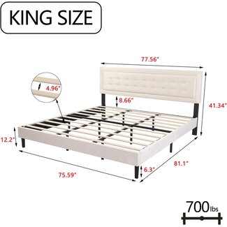 alazyhome King Size Beige Modern Upholstered Platform Bed Frame with Button Tufting Headboard Solid Wood Slats Support No Box Spring Needed Easy Assembly