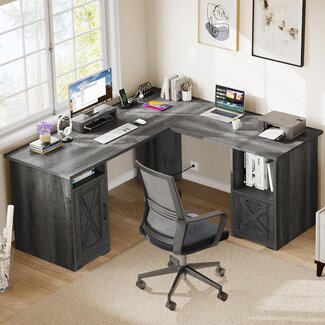 DWVO L Shaped Desk with File Drawer, 60" Corner Computer Desk with Power Outlets, Home Office Desk with Monitor Stand & Storage Shelves & File Cabinet, Grey