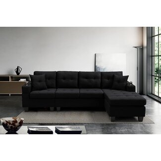 GINGVAT L Shaped Upholstered Sectional Sofa, Modern Fabric Couch with Reversible Chaise and 2 Cupholders, Living Room Furniture Fashion Design, Black