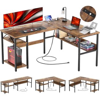 Hyomdeck Reversible L Shaped Computer Desk with Power Outlets and USB Charging Ports, Sturdy Corner Desk with Storage Shelf, Modern Work Gaming Table for Home Office, Easy to Assemble, Rustic Brown