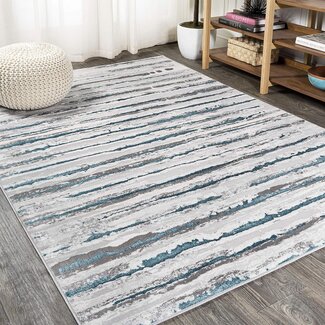 JONATHAN Y SOR204A-5 Batten Modern Stripe Indoor Area-Rug Contemporary Transitional Solid Striped Easy-Cleaning Bedroom Kitchen Living Room Non Shedding, 5 ft x 8 ft, Gray/Turquoise